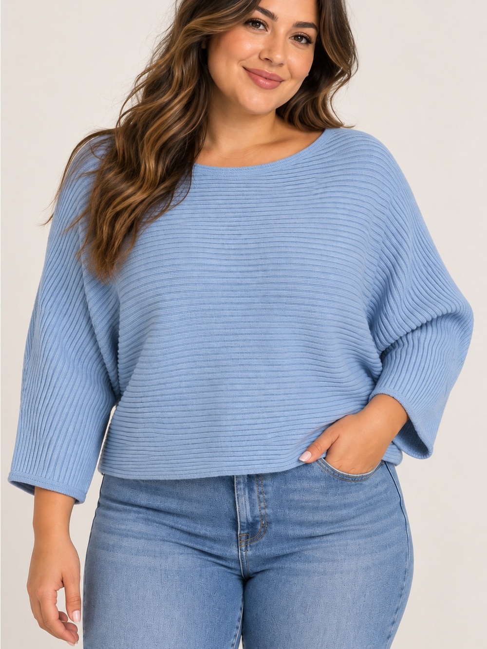 Light Blue Ribbed Knit Women's Sweater